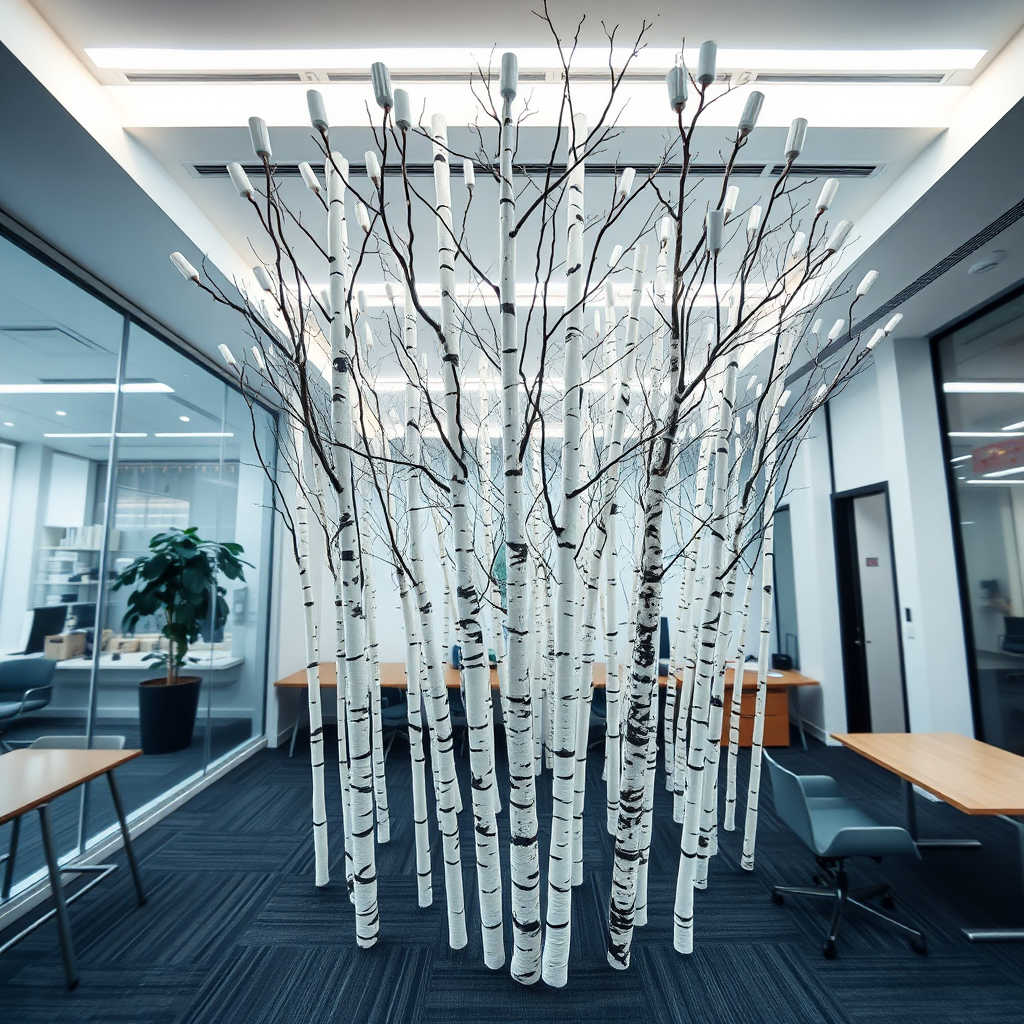 A wide-angle shot of a paper birch art installation in a modern office space. Focus on the impact of the art on the environment. 4K resolution.