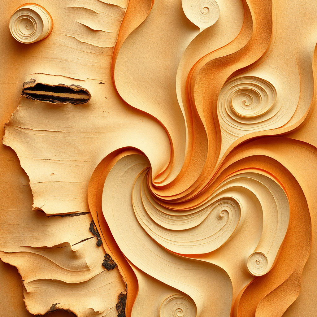 Abstract image of swirling patterns inspired by paper birch bark, representing the flow of energy and harmony within the body. Warm, earthy tones. 4K resolution.