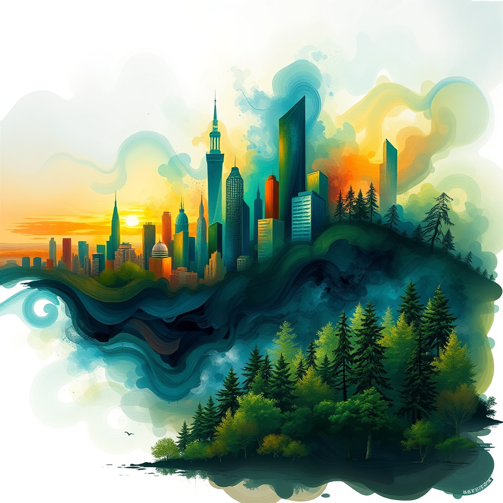 An abstract image representing mental balance restored through nature art. Depict a chaotic cityscape gradually transforming into a serene forest scene, symbolizing the transition from stress to peace. Use vibrant colors and flowing lines to convey the sense of movement and transformation. Ensure the forest scene is calming and inviting, representing the restorative power of nature.