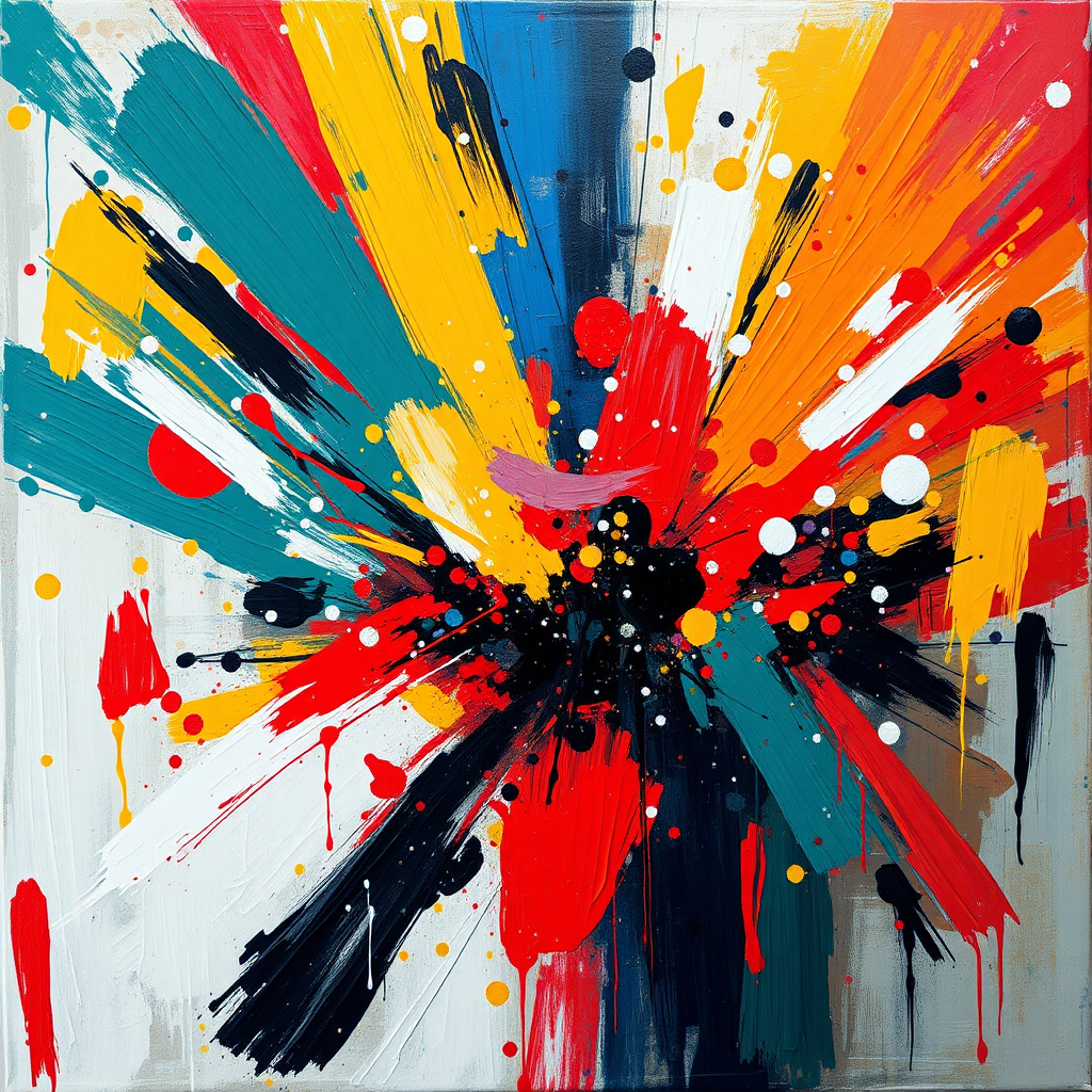 An abstract painting featuring bold brushstrokes and vivid colors, symbolizing the release of pent-up emotions. The painting should convey a sense of energy and movement, with colors clashing and blending in unexpected ways. The overall feeling should be cathartic and liberating. Style: Abstract expressionism, bold colors. Technical specs: High resolution, textured details.