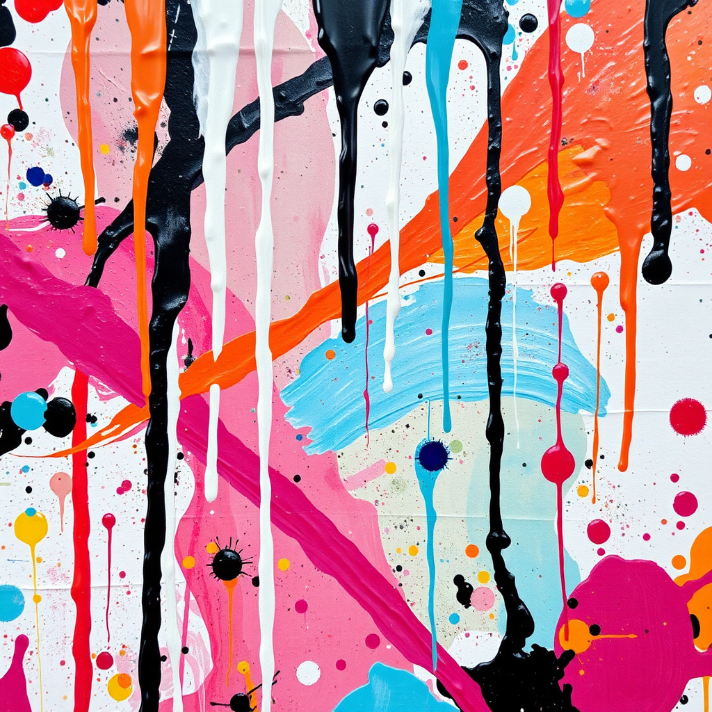 An abstract painting featuring deliberate drips, splatters, and uneven brushstrokes, all contributing to a sense of raw energy and spontaneity. The colors are a mix of vibrant and muted tones, creating a dynamic and visually engaging composition. Close-up shot to emphasize the texture of the paint. Style: Expressionistic. Technical specs: 4K resolution, high contrast, detailed textures.