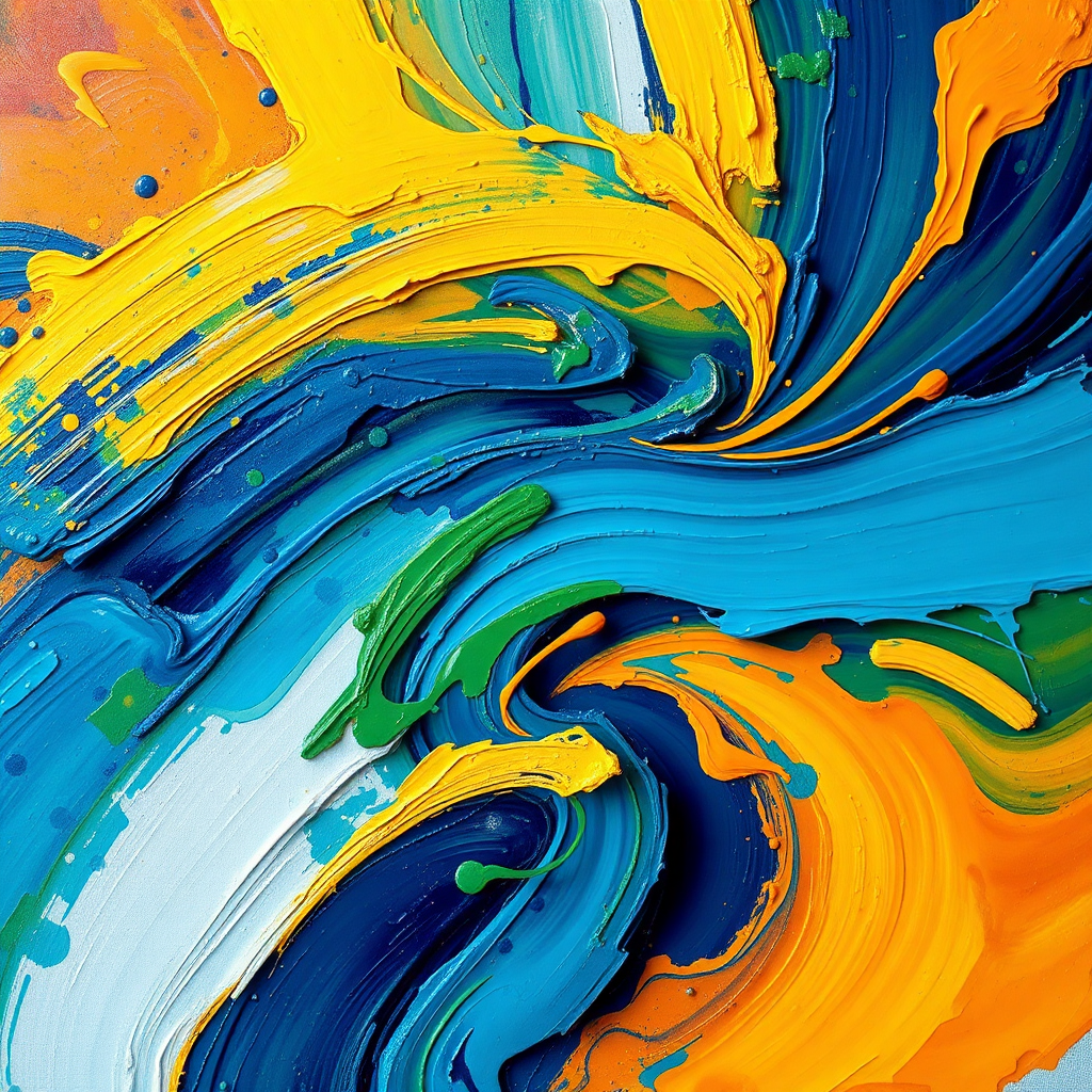 An abstract painting in vibrant colors, swirling and blending to represent emotional release. The colors are predominantly blues, greens, yellows, and oranges. The brushstrokes are energetic and expressive. The composition is dynamic and fluid, conveying a sense of movement and freedom. The lighting is dramatic, highlighting the textures and colors. 4K resolution, high quality.