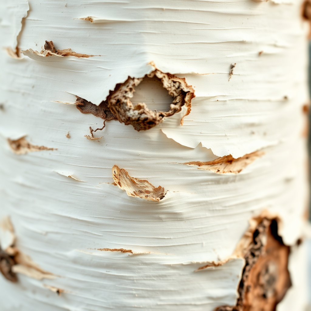 An abstract, textured image inspired by paper birch bark. The image should feature layers of white and brown, creating a sense of depth and dimension. Soft, diffused light accentuates the tactile qualities of the bark. The color palette is warm and inviting, promoting a sense of comfort and relaxation. Style reference: Abstract photography, texture-focused. Technical specs: 4K resolution, high quality.