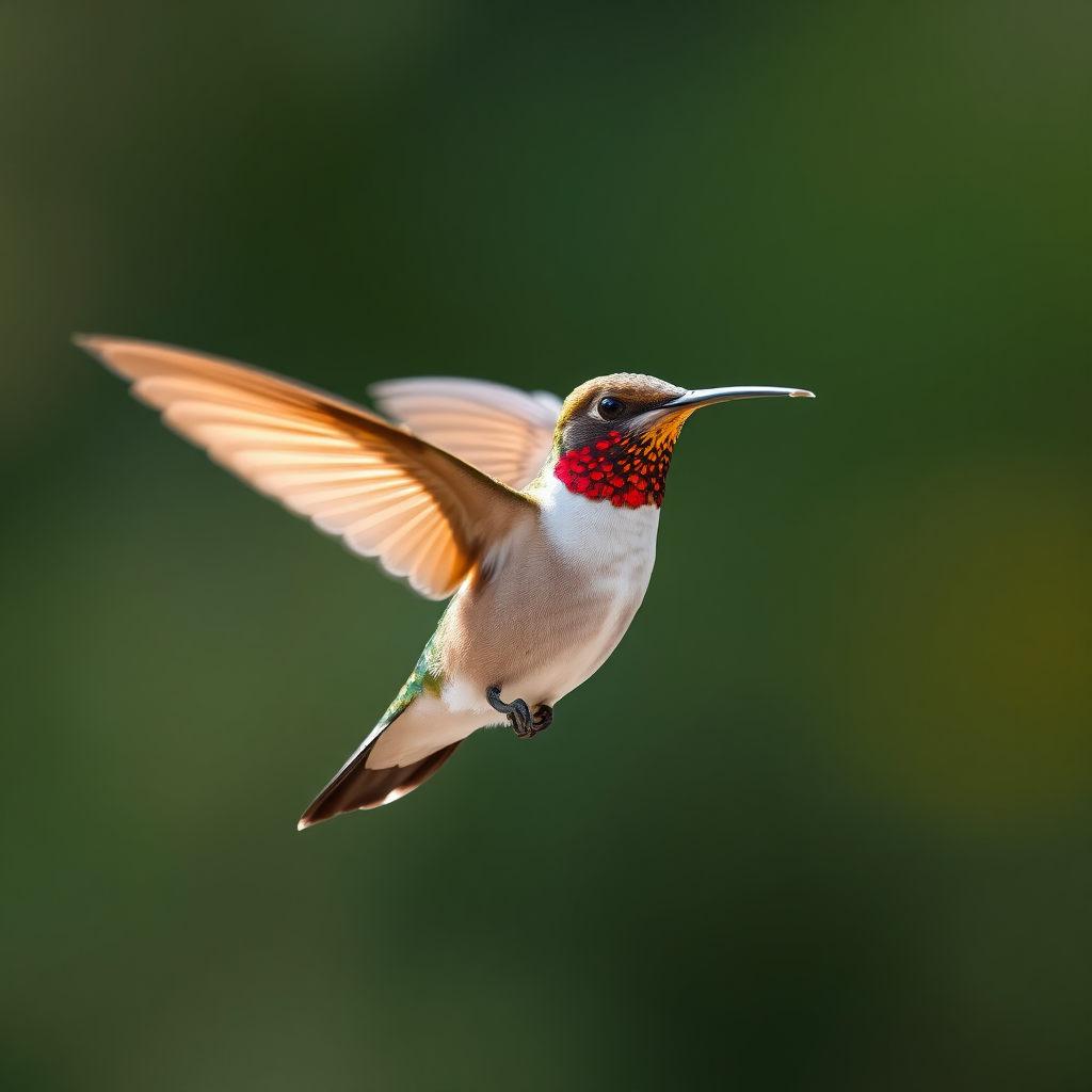 An action photograph of a hummingbird in mid-flight, capturing its rapid wingbeats and hovering ability. The image should convey a sense of speed and energy, with blurred wings and a sharp focus on the bird's body. The background should be blurred to emphasize the bird's movement. The lighting should be bright and dynamic, highlighting the bird's iridescent colors. Technical specs: 4K resolution, action photography.