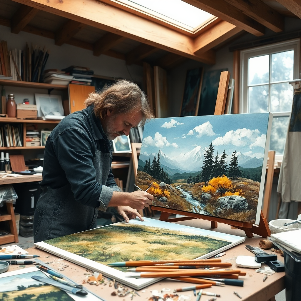 An artist meticulously working on a custom landscape painting in their studio. The studio is filled with natural light and art supplies, creating a sense of creativity and craftsmanship. The artist is focused and passionate, demonstrating the dedication to creating unique, nature-inspired art.