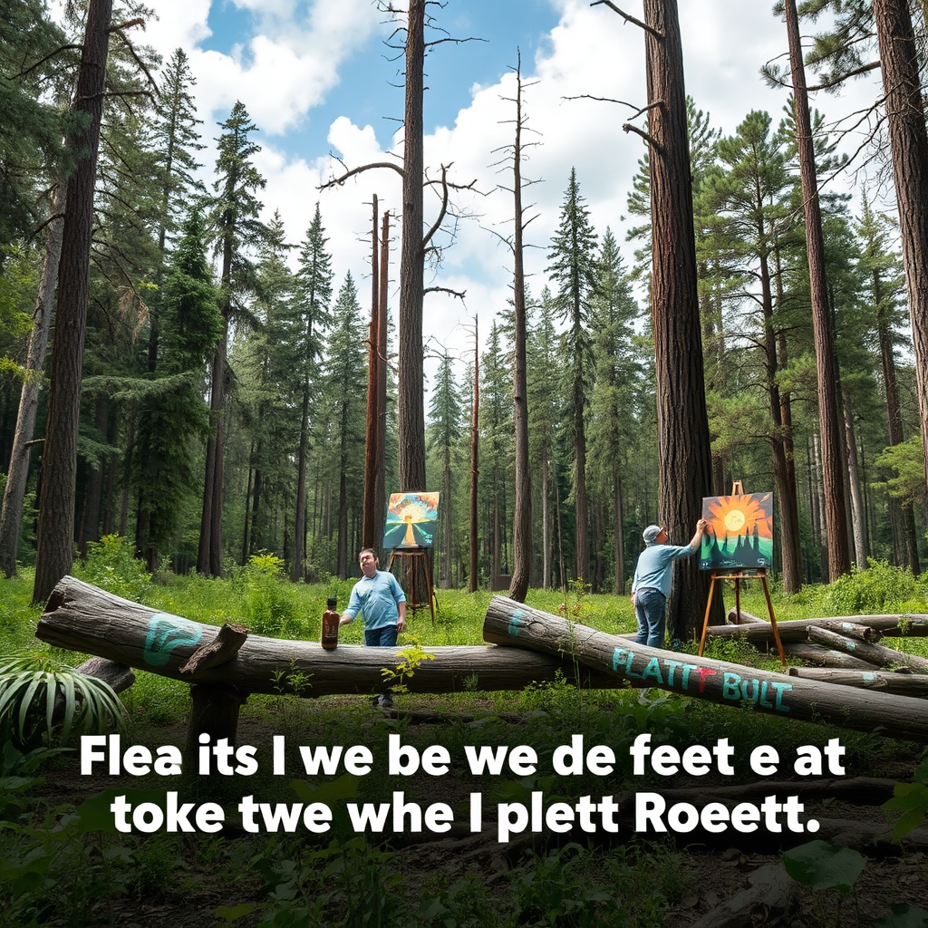 An image depicting a damaged forest being restored through the power of art. Artists are shown painting murals on fallen trees, transforming them into symbols of hope and regeneration. The murals depict vibrant scenes of nature, highlighting the beauty and importance of conservation. The overall message is to inspire environmental awareness and promote conservation efforts through artistic expression.