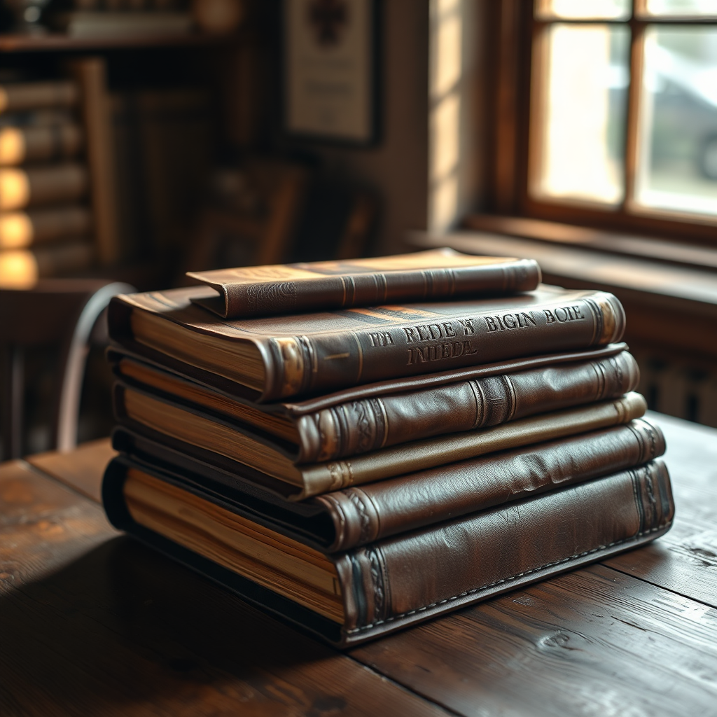 An image featuring a stack of aged, leather-bound Bibles resting on a sturdy oak table. Soft light streams in from a nearby window, illuminating the scriptures. The scene evokes a sense of timeless wisdom and the importance of theological education. Colors should be warm and earthy. The photo should be hyperrealistic, showcasing the texture of the leather and the paper. Style reference: Classical still life painting. Camera angle: A close-up, slightly overhead shot.