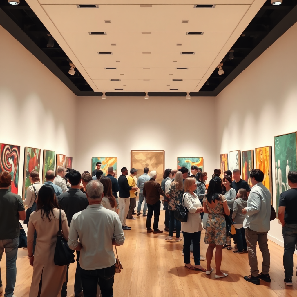 An image of people gathered in an art gallery, admiring and discussing a collection of abstract paintings. The gallery is well-lit and spacious, with a diverse range of viewers engaging with the artwork. The atmosphere is lively and engaging. Style: Realistic. Technical specs: 4K resolution, dynamic composition.
