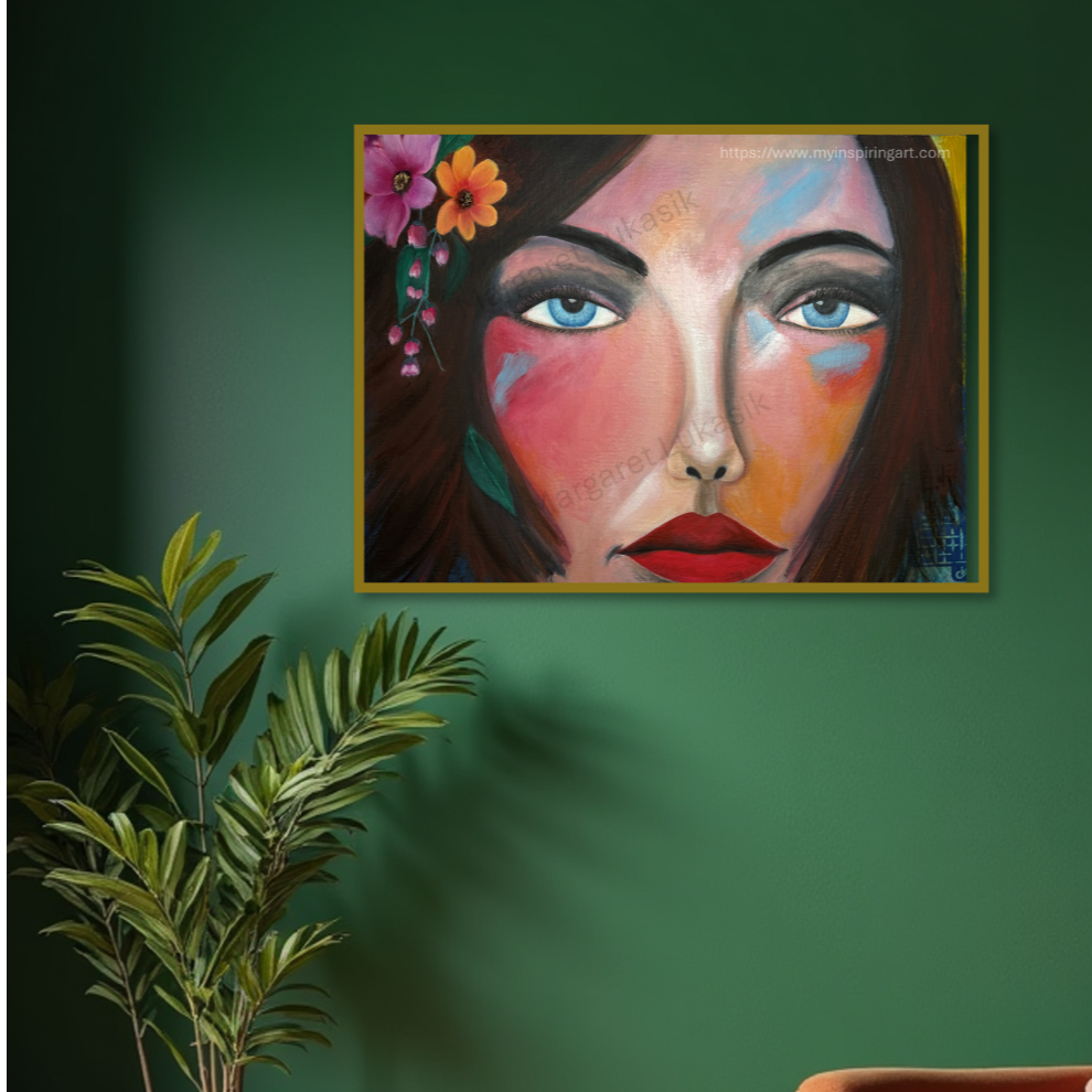 Photorealistic oil painting of a woman's face, tears subtly streaming down her cheeks, but her eyes radiating inner peace and acceptance. Soft lighting and muted color palette of blues and purples. 4k resolution.