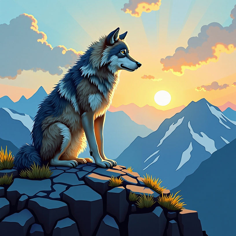 A photorealistic painting of a single grey wolf standing on a windswept mountain peak at sunset. The wolf's fur is thick and slightly windblown, its gaze intense and focused on the horizon. The background should be a dramatic landscape of rugged mountains and a vibrant, fiery sunset. The overall mood is one of solitary strength and freedom. The style should be highly detailed, emphasizing the texture of the wolf's fur and the harsh beauty of the mountain landscape.