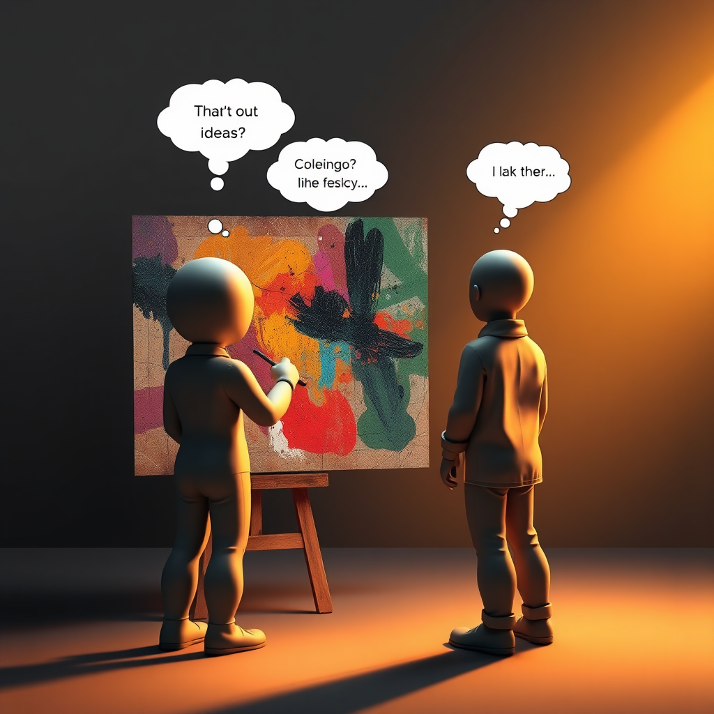 Create a conceptual image representing two figures, one painting an abstract artwork and another looking at it. The artist has thought bubbles showing ideas while the viewer has thought bubbles showing interpretations. The viewer is bathed in warm light while the artist is in cooler light. Technical specs: 4K resolution, stylized, thought-provoking imagery.