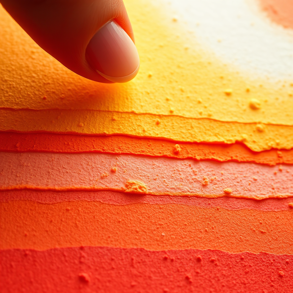 Create a highly detailed image showing the layering process in soft chalk pastel art. The camera should zoom in to reveal the textured surface of the paper, with multiple layers of pastel built upon each other. Each layer should be a slightly different hue, subtly blending to create a luminous effect. The color palette should focus on warm sunset tones: golds, oranges, and pinks. The lighting should be soft and diffused, highlighting the texture and depth of the layers. Include a detail of an artist's fingertip gently blending the layers together. Consider a macro lens effect to emphasize the intricate details and the powdery texture of the pastels. 4K resolution image.