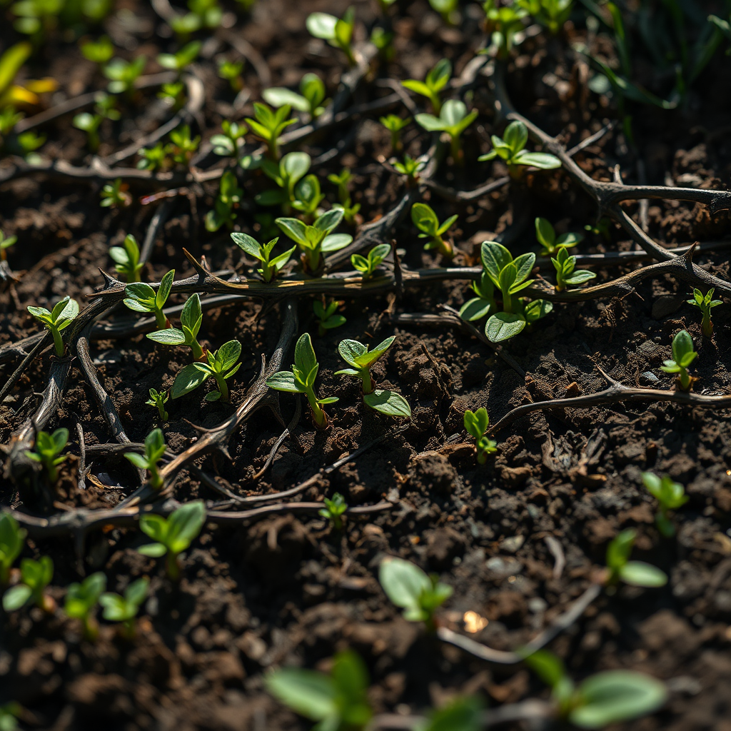 Create a hyperrealistic image of a patch of fertile soil overgrown with thorny weeds. Small seedlings are visible, but they are being choked and overshadowed by the thorns. The thorns should appear sharp and menacing, their shadows dominating the scene. Some thorns may have currency or jewels tangled in them. The color palette should be a mix of greens and browns, with the thorns having a slightly darker and more sinister hue. The lighting should be dramatic, with strong contrasts between light and shadow. Capture the texture of the thorns and the delicate leaves of the seedlings. The image should convey a sense of suffocation and the corrupting influence of worldly concerns. 8K resolution.