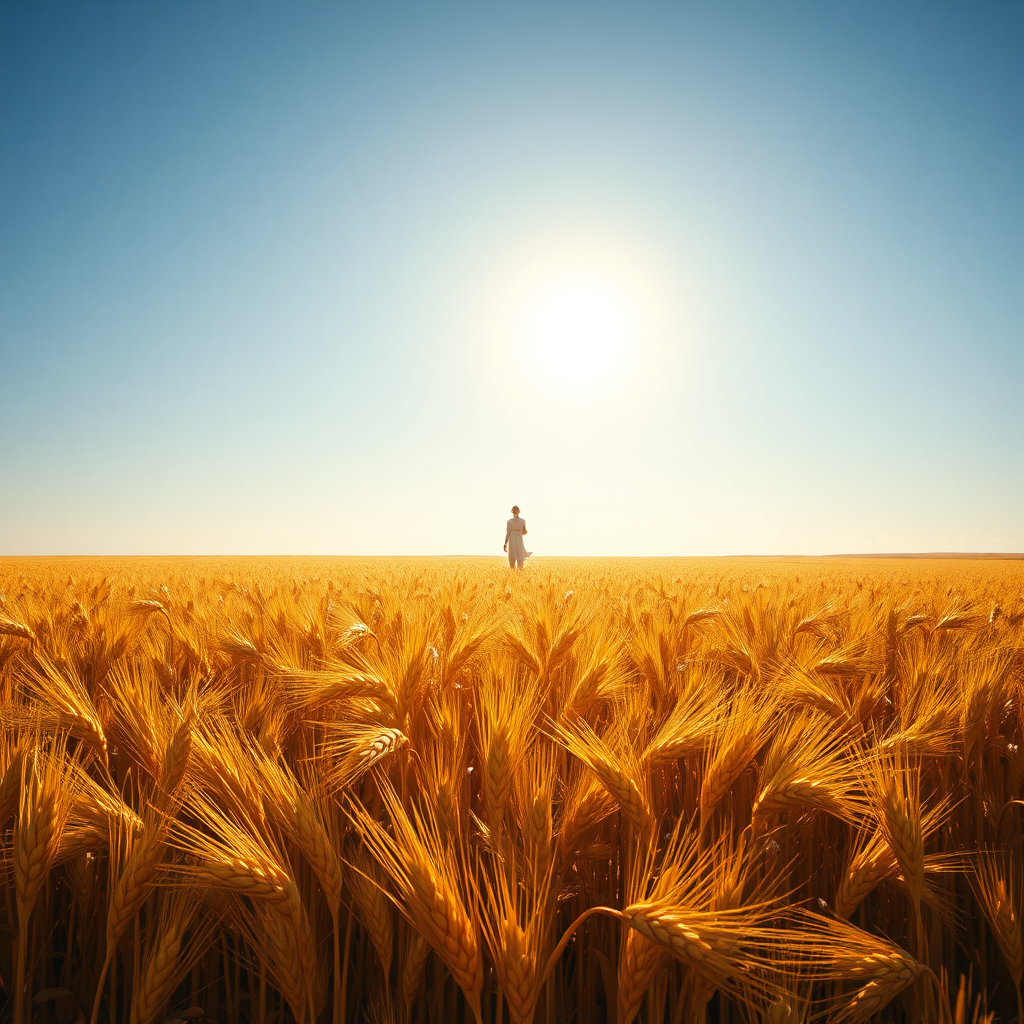 Create a hyperrealistic image of a vast, golden field of wheat stretching to the horizon. The wheat is ripe and ready for harvest, shimmering in the sunlight. The sky is a clear blue, and there is a sense of peace and abundance in the scene. A figure, representing God or the Holy Spirit, is watching over the field from a distance. The image should convey a sense of hope, promise, and the rewards of faithful sowing. 8K resolution.