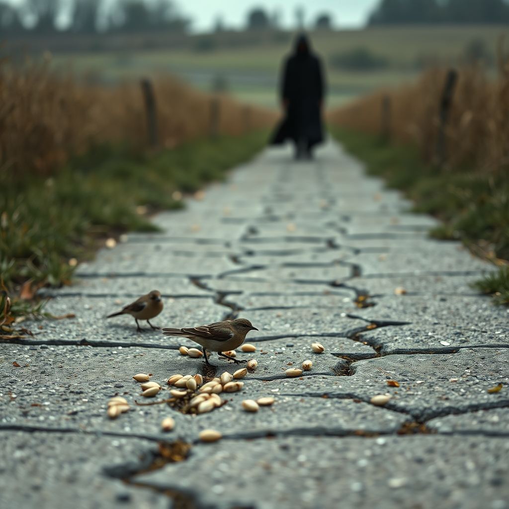Create a hyperrealistic image of a paved pathway running through a field. Some seeds are scattered on the hard, compacted surface of the path. Birds are shown swooping down to peck at the seeds. The background features a blurred and slightly menacing figure representing the 'evil one' observing the scene from a distance. The image should convey a sense of loss and vulnerability. Use a low angle to emphasize the hardness of the path and the vulnerability of the seeds. The color palette should be muted and slightly desaturated to create a somber mood. Add details such as cracks in the pavement and shadows to enhance the realism. 8K resolution, photorealistic.