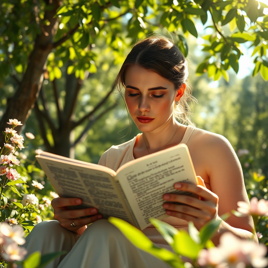 Create a photorealistic image of a person sitting in a peaceful garden, reading a Bible. The person's face should be serene and thoughtful, reflecting deep concentration and understanding. Sunlight filters through the leaves of the trees, creating a dappled effect on the page. The surrounding environment should be lush and green, with flowers blooming and birds singing. Focus on the person's eyes and the words on the page, conveying the idea of active listening and internalizing the message. 8K resolution. The style should evoke a sense of peace and reflection.
