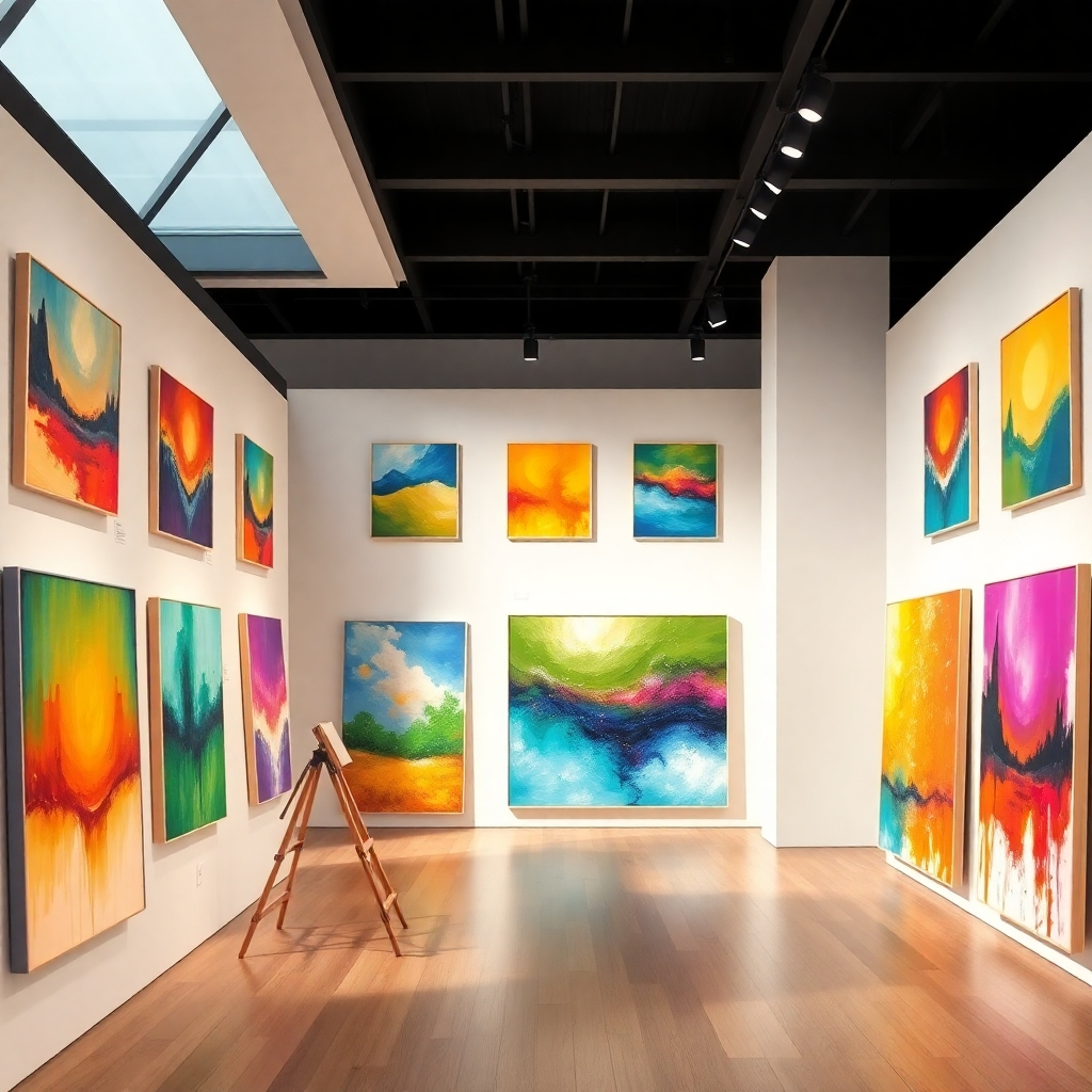 Create a photorealistic image of a painting exhibition focusing on color theory, showcasing various paintings with different color palettes and compositions. The image should have soft lighting, highlighting the vibrancy of colors and the artist's understanding of color relationships.