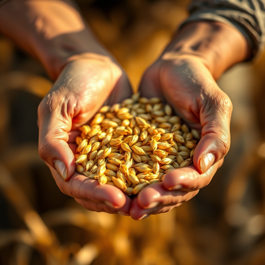 Create a photorealistic image of hands cupping a handful of golden wheat grains. The background should be blurred, suggesting a bountiful harvest. The lighting should be soft and warm, emphasizing the richness of the grains. Focus on the texture of the hands and the grains, capturing the feeling of abundance and gratitude. The image should convey a sense of the blessing of a plentiful harvest resulting from fertile soil. Use a shallow depth of field to focus on the hands and the grains. 8K resolution.