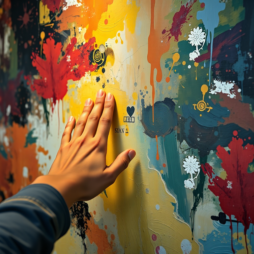 Create a photorealistic image of a hand gently touching an abstract oil painting. The painting is a vibrant mix of colors and textures, with hidden symbols embedded within the brushstrokes. The hand should be illuminated by a soft, warm light, emphasizing the sense of connection and intuition. Technical specs: 4K resolution, close-up shot, hyperrealistic rendering.
