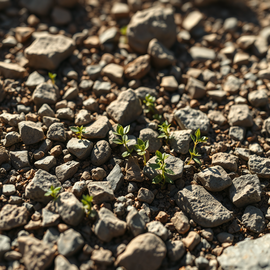 Create a photorealistic image of rocky terrain. Seeds have sprouted, but the plants are small and weak, struggling to grow amongst the stones. The sun is harsh, and the environment appears unforgiving. Focus on the contrast between the fragile plants and the hard, unyielding rocks. The color palette should be dominated by browns and grays, with only hints of green in the struggling plants. The lighting should be stark and direct, highlighting the harshness of the environment. Capture the texture of the rocks and the dryness of the soil. The image should convey a sense of struggle and the lack of sustenance. 8K resolution.