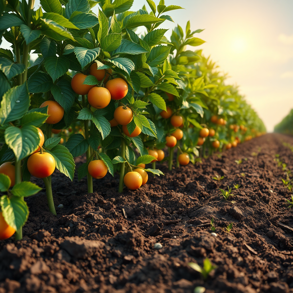 Create a photorealistic image of lush, fertile soil with healthy plants growing vigorously. The plants are bearing abundant fruit, representing the rich harvest. The sun is shining brightly, and the environment appears vibrant and full of life. Focus on the abundance and the healthy growth of the plants. The color palette should be rich and vibrant, with greens, yellows, and reds dominating the scene. The lighting should be warm and inviting, highlighting the beauty of the fertile soil. Add details such as dew drops on the leaves and the texture of the soil. The image should convey a sense of abundance, growth, and fulfillment. 8K resolution.
