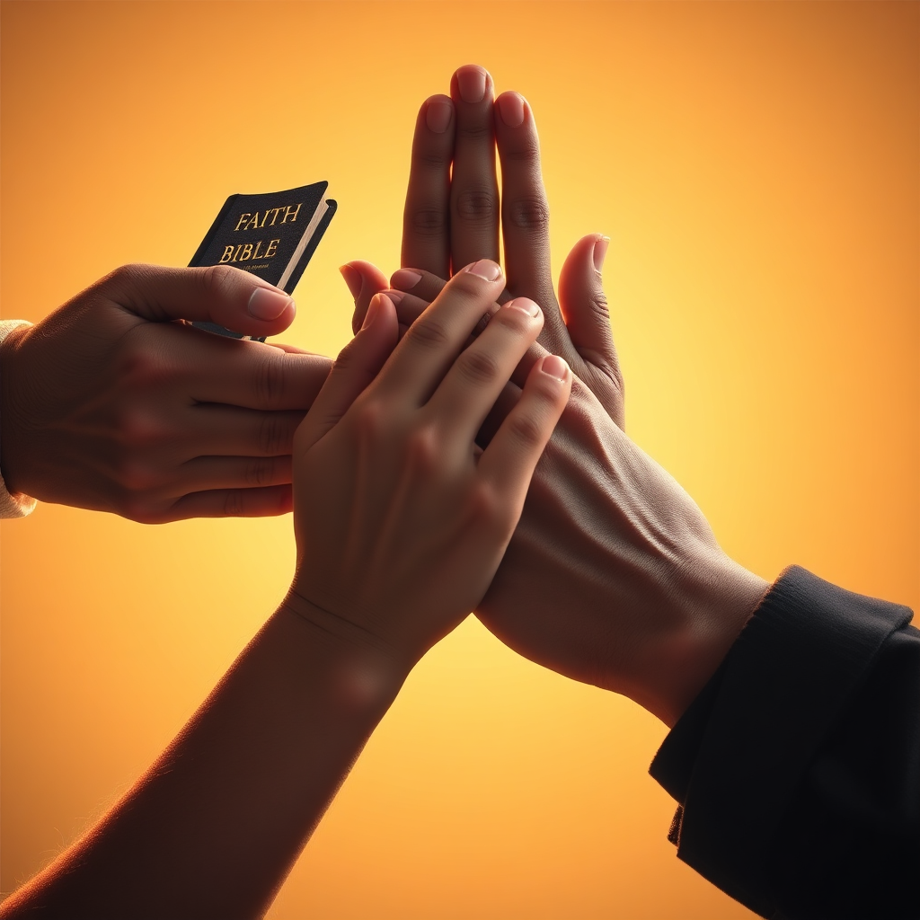 Create a photorealistic image of three hands intertwined, each representing a different aspect of treatment: one holding a Bible (faith), one folded in prayer (prayer), and one reaching out to help another (action). The background is a warm and inviting light. The image should convey a sense of unity, compassion, and support. The color palette should be warm and inviting, with golden hues and soft lighting. The camera angle should be close-up, focusing on the hands and their connection. 8K resolution, hyperrealistic.
