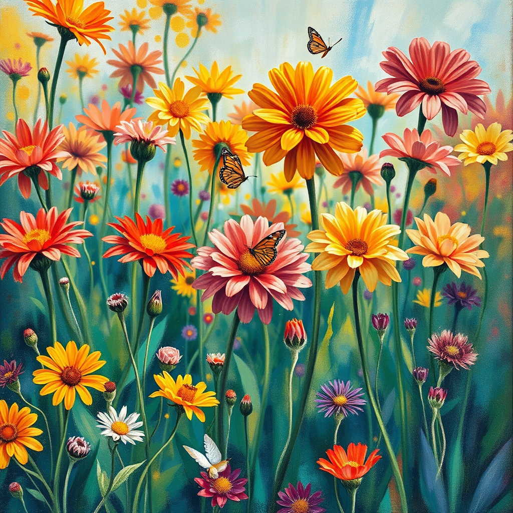 Create a photorealistic image showcasing a vibrant soft chalk pastel painting of a flower garden in full bloom. The painting emphasizes the harmonious blending of colors, with a kaleidoscope of hues creating a stunning visual display. The pastel strokes should be bold and expressive, capturing the texture and vibrancy of the flowers. The color palette should be rich and varied, with shades of red, orange, yellow, green, and blue dominating the composition. The camera angle should be a medium shot, capturing the entire garden scene in all its glory. Add subtle details like butterflies fluttering among the flowers and sunlight filtering through the leaves. The image should be high quality and detailed, highlighting the beauty and artistry of soft chalk pastels.