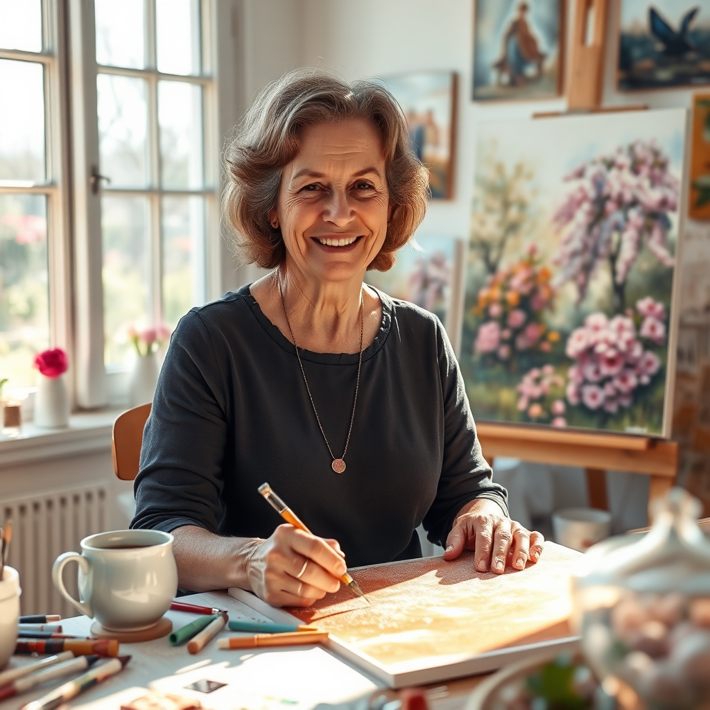 Create a photorealistic image that represents the core of 'My Inspiring Art'. The scene should feature Margaret Lukasik in her sunlit studio, surrounded by her artwork. She is smiling gently while working on a new soft chalk pastel painting, depicting a peaceful garden scene. Her hands are lightly dusted with pastel chalk, and her studio is filled with tools, finished paintings, and inspiration boards. The lighting should be soft and natural, casting warm highlights on her face and artwork. The color palette should be vibrant and inviting, showcasing the rich hues of the pastels. The camera angle should be medium shot, capturing the artist at work and her surrounding creative space. Add subtle details like a steaming mug of tea and a partially open window overlooking a blooming garden. Style reference: Reminiscent of a Vermeer painting, capturing light and texture. The image should be in 4K resolution.