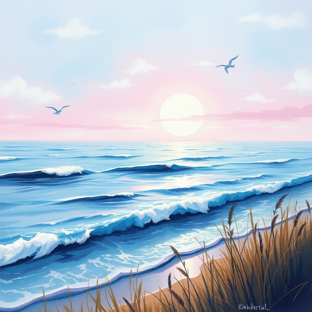 Create a photorealistic image showcasing a soft chalk pastel painting of a serene coastal scene at dawn. The painting emphasizes the interplay of light and shadow on the water's surface, with gentle waves reflecting the rising sun. The pastel strokes should be delicate and expressive, capturing the ethereal quality of the scene. The color palette should be soft and muted, with hues of blue, pink, and lavender dominating the composition. The camera angle should be a close-up shot focusing on the texture of the pastel on the paper. Add subtle details like birds flying in the distance and a gentle breeze rustling through the grass. The image should be high quality and detailed, highlighting the beauty and artistry of soft chalk pastels.