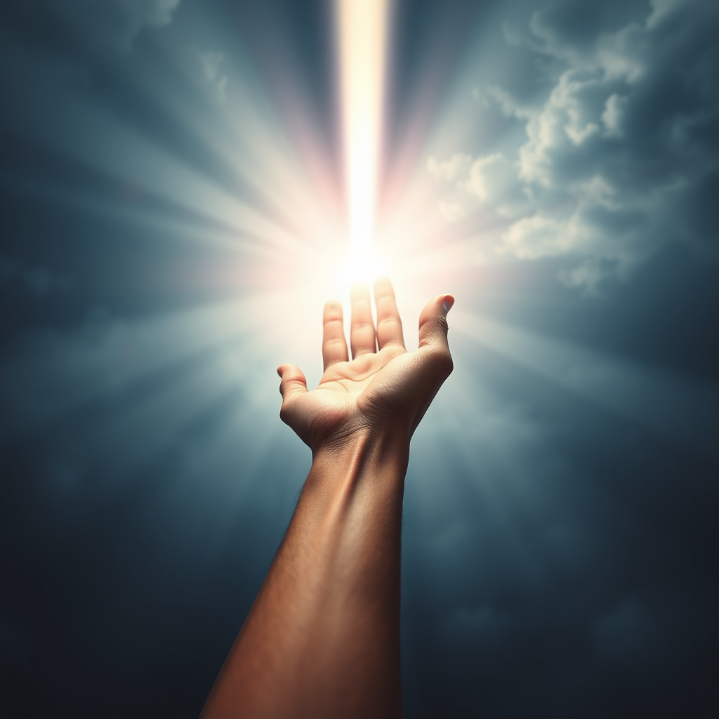 Create a photorealistic image of a single hand reaching up towards a beam of light shining down from the heavens. The hand is open and receptive, symbolizing surrender and trust. The background is a dark and cloudy sky, with the beam of light cutting through the darkness. The image should convey a sense of hope, faith, and divine guidance. The color palette should be contrasting, with the bright light standing out against the dark background. The camera angle should be low, emphasizing the height and power of the light. 8K resolution, hyperrealistic.