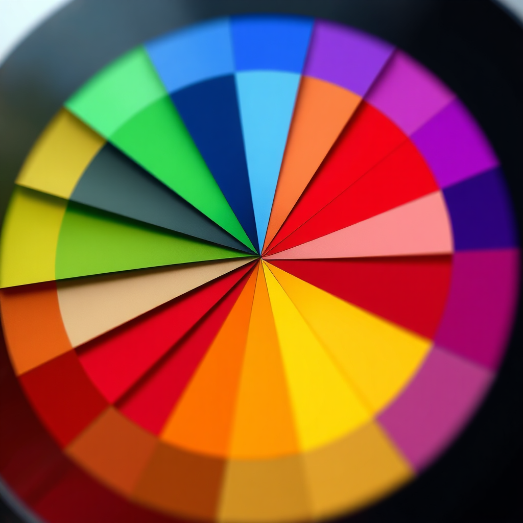 Create a photorealistic image of a color wheel with various shades and hues blending together. Each color is associated with a specific emotion or symbol, represented by small icons near the corresponding color. The light source is a soft, diffused glow. Technical specs: 4K resolution, macro shot, vibrant colors.