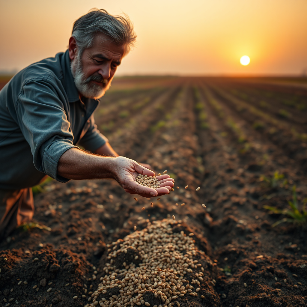 Create a photorealistic image of a farmer sowing seeds in a vast field at sunrise. The farmer should have a weathered face, and his movements should appear deliberate and full of purpose. The field should stretch out towards the horizon, with different soil types visible in patches. The sun should be rising, casting a warm, golden glow over the scene. Focus on the farmer's hands scattering the seeds, capturing the texture of the seeds and the soil. The scene should convey the idea of hard work, hope, and faith in the future harvest. Use a shallow depth of field to focus on the farmer and the seeds, blurring the background slightly. The overall style should be reminiscent of a classic landscape painting, with hyperrealistic details and a sense of tranquility. 8K resolution.