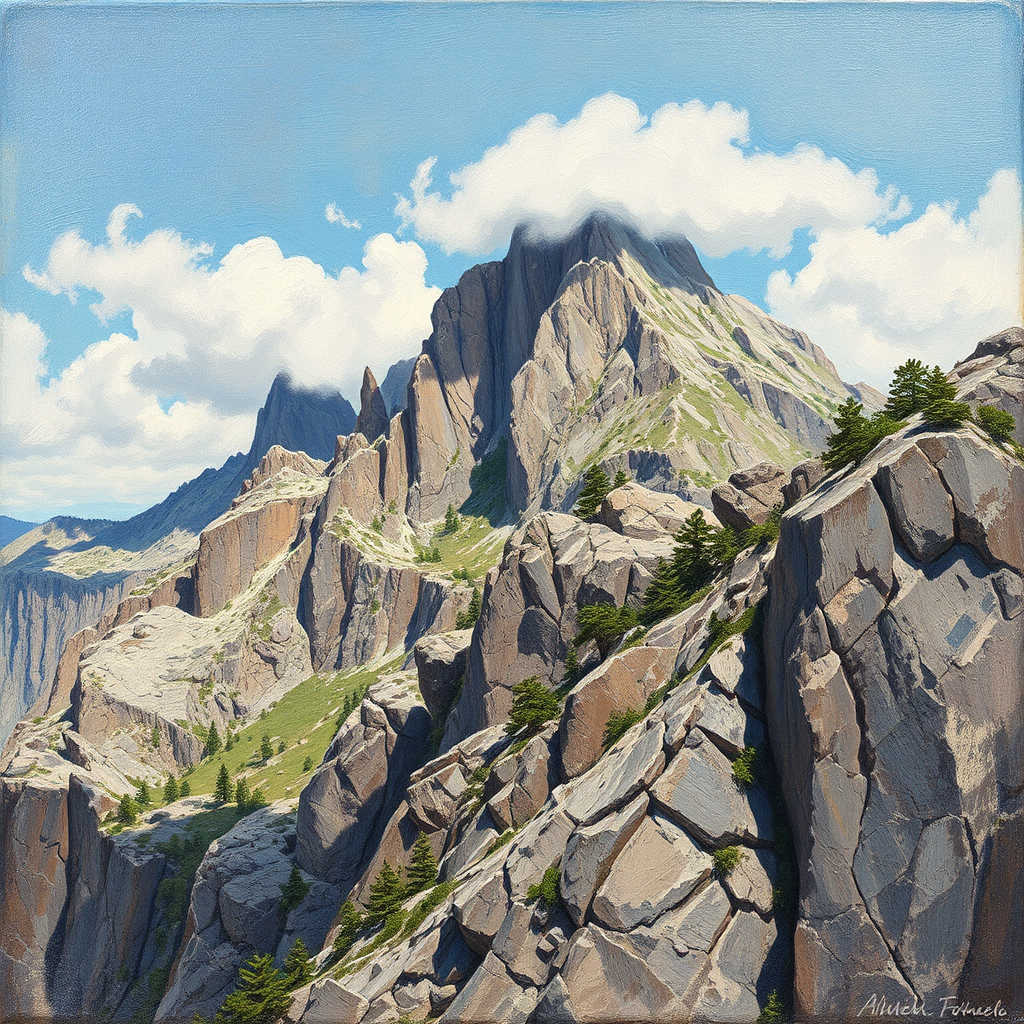 Create a photorealistic image showcasing a textured soft chalk pastel painting of a rugged mountain landscape. The painting emphasizes the expressive texture and depth, with layering techniques creating a sense of realism and dimension. The pastel strokes should be varied and dynamic, capturing the roughness of the rocks and the smoothness of the sky. The color palette should be earthy and natural, with shades of brown, gray, green, and blue dominating the composition. The camera angle should be a wide shot, capturing the vastness and grandeur of the mountain landscape. Add subtle details like clouds casting shadows on the peaks and trees clinging to the steep slopes. The image should be high quality and detailed, highlighting the beauty and artistry of soft chalk pastels.