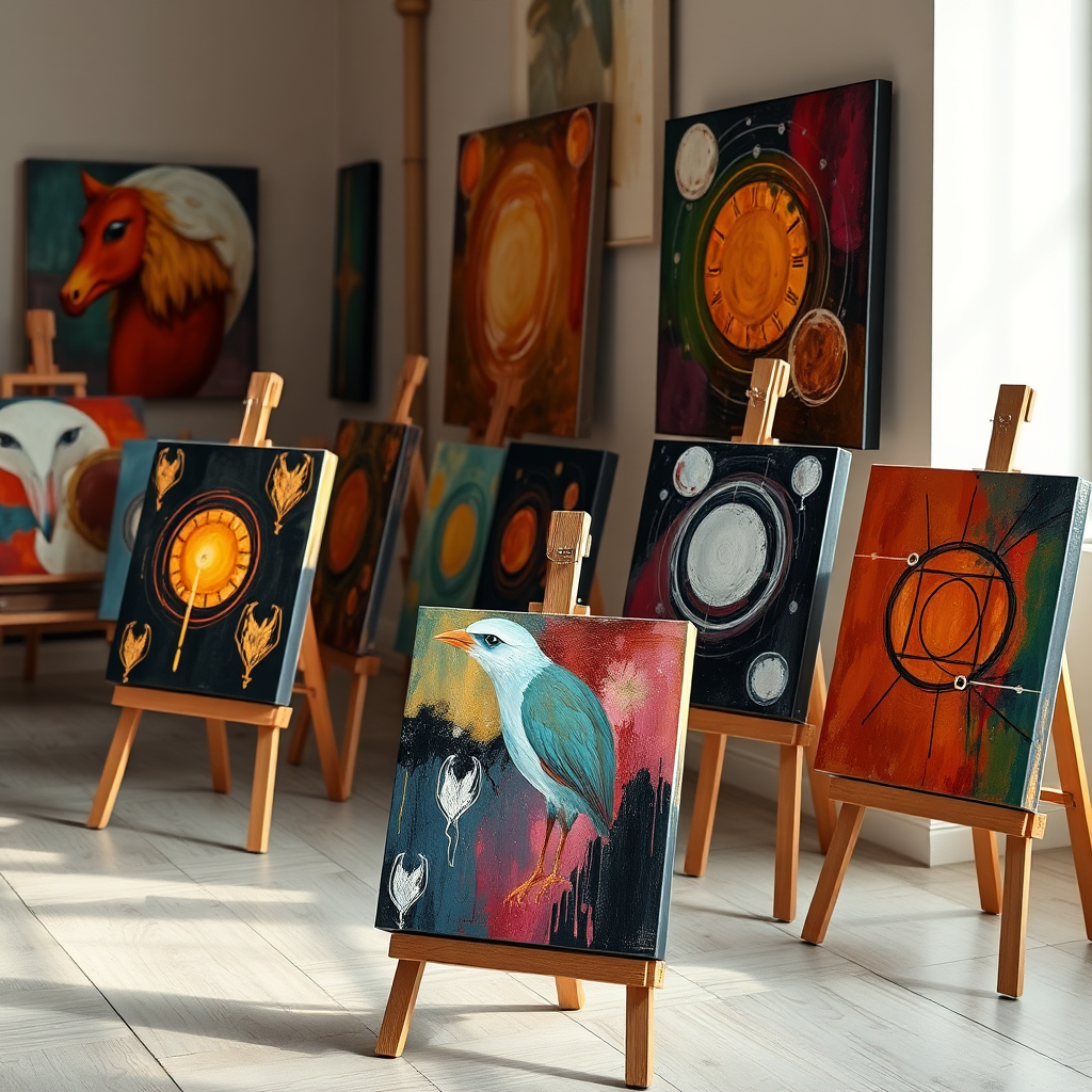 Create a photorealistic image showcasing a variety of original oil paintings displayed on easels. The paintings should be in the style of abstract realism, each with unique colors and symbols. The lighting should be soft and inviting, highlighting the textures of the canvases.