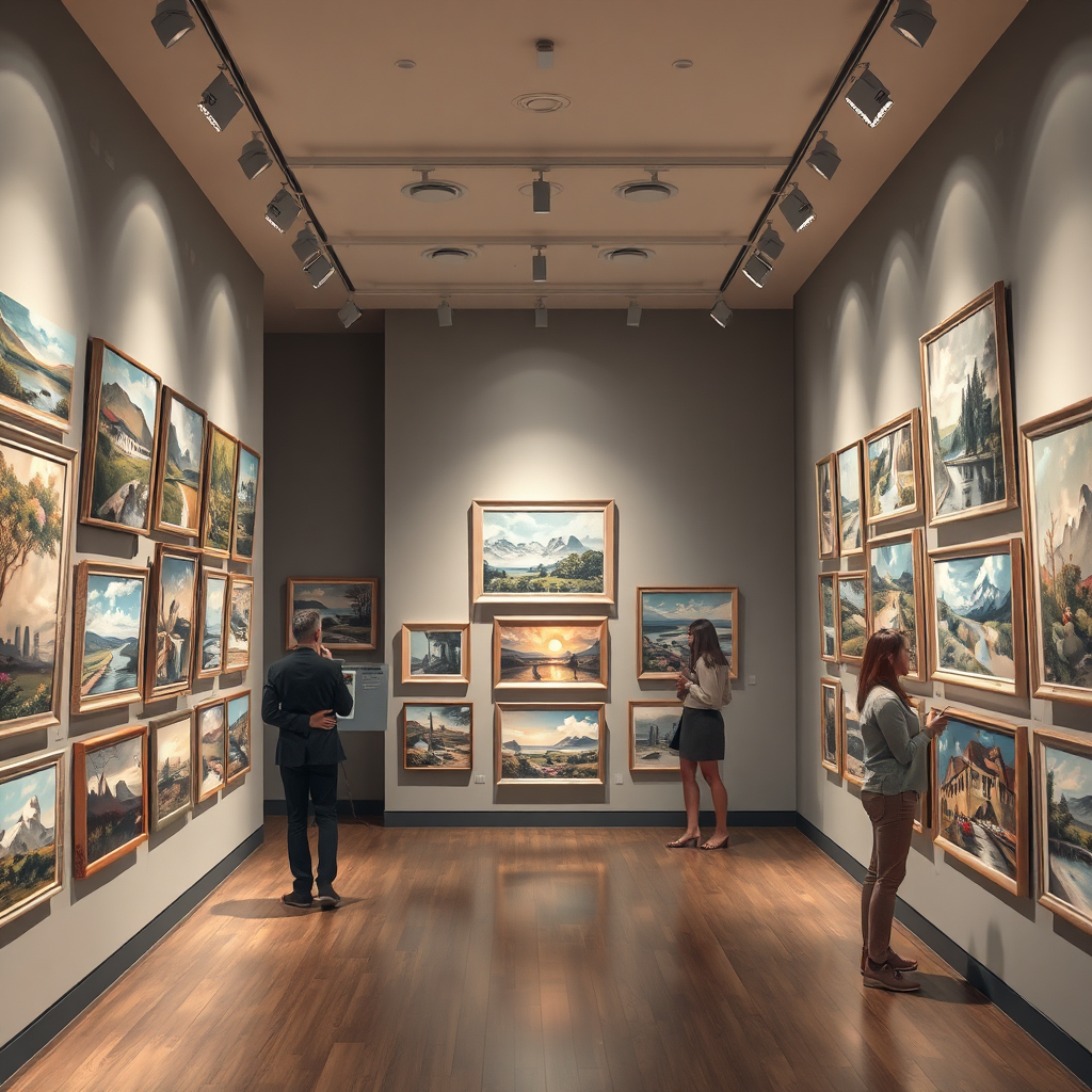 Create a photorealistic image showcasing a collection of framed soft chalk pastel paintings displayed in a modern art gallery. The paintings should feature a variety of subjects, including landscapes, portraits, and still lifes. The lighting should be soft and inviting, with spotlights highlighting the artwork and creating a sense of depth and dimension. The color palette should be rich and varied, with each painting showcasing a unique combination of hues. The camera angle should be a medium shot, capturing the entire gallery space in all its glory. Add subtle details like visitors admiring the artwork and a curator providing information. The image should be high quality and detailed, highlighting the beauty and artistry of soft chalk pastels.