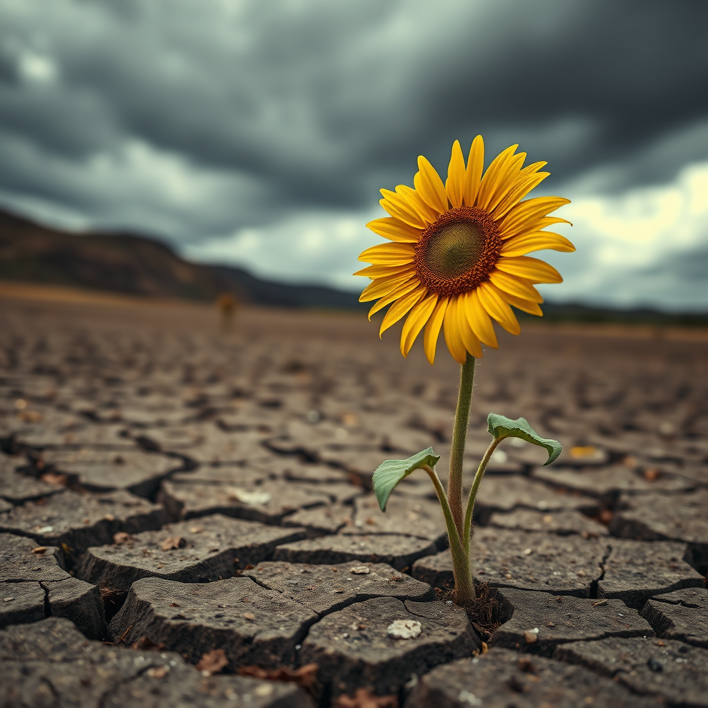 Create a photorealistic image of a single sunflower growing out of cracked earth. The sunflower is vibrant and healthy, despite the harsh conditions. The background is a barren landscape with a stormy sky. The image should convey a sense of resilience and hope. The color palette should be contrasting, with the bright yellow of the sunflower standing out against the dark and desaturated background. The camera angle should be low, emphasizing the height and strength of the sunflower. Reference the style of nature photography. 8K resolution, hyperrealistic.