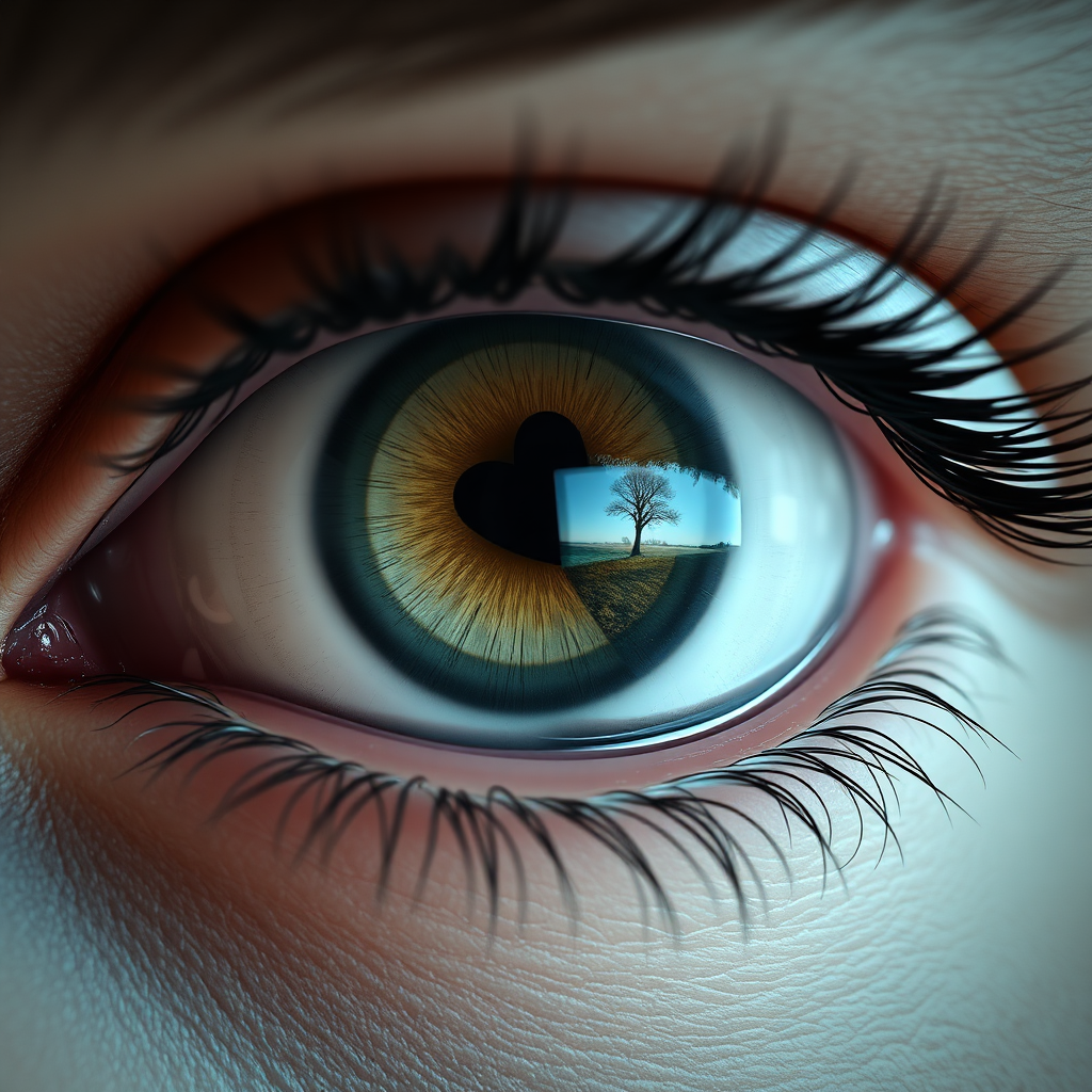 Create a photorealistic image of a human eye looking directly at the viewer. Reflected in the pupil are a series of abstract symbols and recognizable objects, such as a heart, a clock, and a tree. The eye should be highly detailed, with visible eyelashes and subtle reflections. The color palette should be cool and muted, with highlights on the reflected symbols. Technical specs: 4K resolution, close-up shot, hyperrealistic rendering.