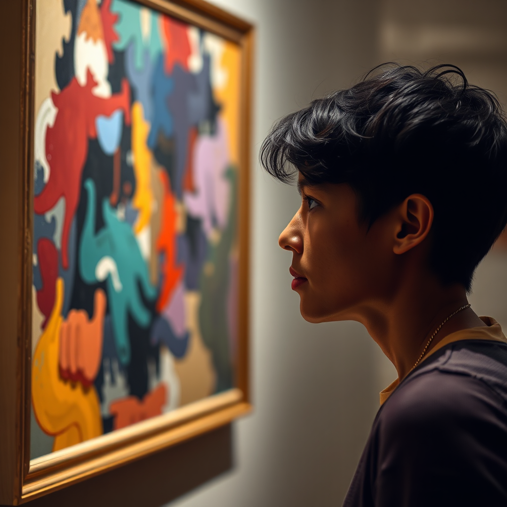 Create a photorealistic image of a person looking intently at an abstract realism painting in a gallery. Their face is illuminated by the painting's colors, suggesting a deep connection and understanding. Technical specs: 4K resolution, focus on the expression, inspiring moment.