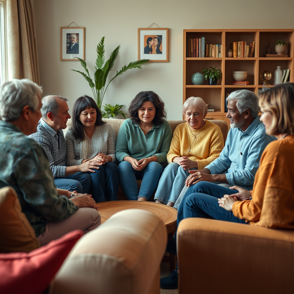 Create a photorealistic image of a diverse group of people sitting together in a circle, sharing stories and offering support to one another. The setting is a warm and inviting living room with comfortable seating. The image should convey a sense of community, belonging, and empathy. The color palette should be warm and inviting, with soft lighting and comfortable tones. The camera angle should be medium shot, capturing the faces and expressions of the people in the circle. 8K resolution, hyperrealistic.