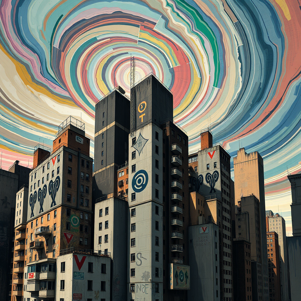 Create a stylized image depicting a fragmented cityscape. The buildings are distorted and overlapping, with symbols painted on the sides of some buildings. The sky is a swirling mix of colors, reflecting the chaos and complexity of the urban environment. The style should be inspired by cubism. Technical specs: 4K resolution, stylized rendering, focus on fragmentation and symbolism.