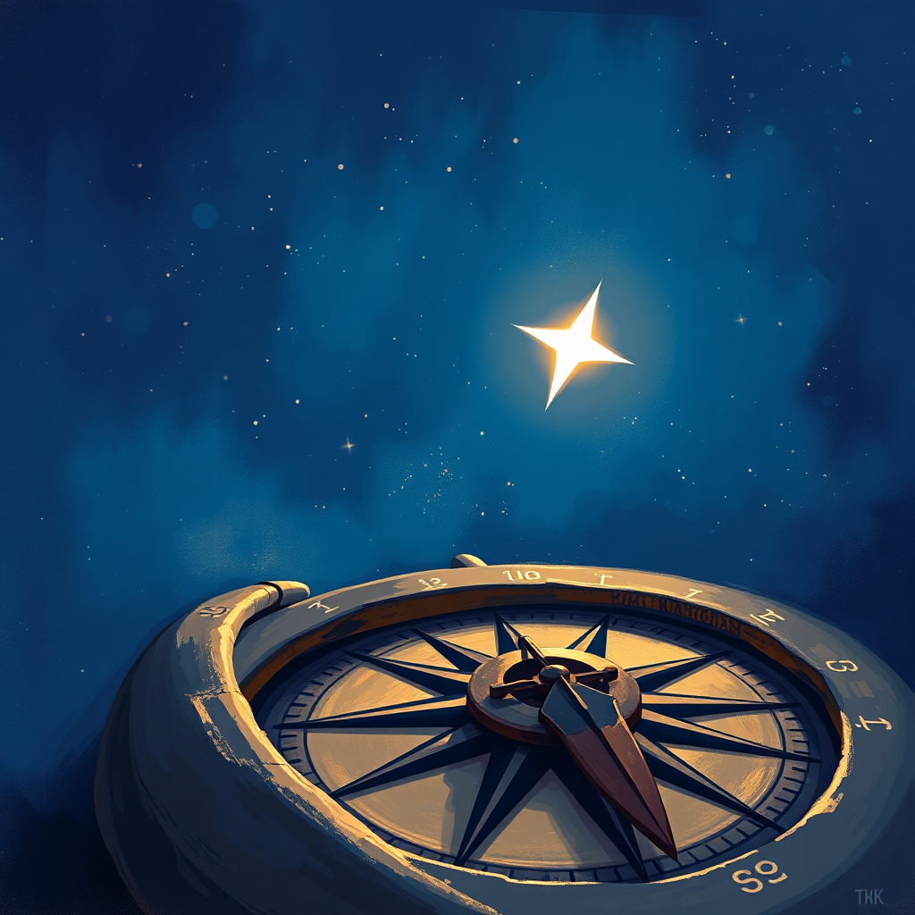 Create a stylized image of a compass pointing towards a bright star in the night sky. The compass is old and worn, symbolizing the wisdom of faith. The star represents God's guidance and purpose. The background should be a deep blue night sky with twinkling stars. The style should be painterly and evocative, with a sense of wonder and inspiration. The color palette should be dominated by blues and golds, with subtle hints of purple. 8K resolution, digital painting.