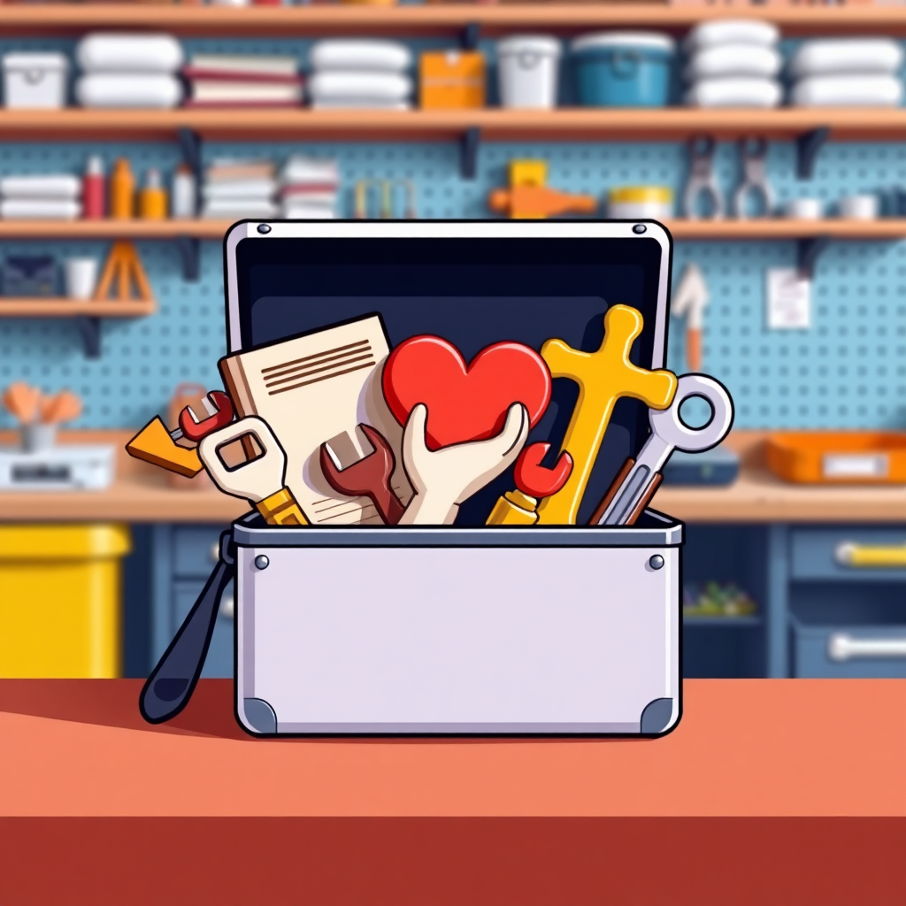 Create a stylized image of a toolbox filled with various symbolic tools: a book (knowledge), a heart (compassion), a hand (support), and a cross (faith). The toolbox is open, revealing the tools inside. The background is a clean and organized workspace. The style should be clean and modern, with a sense of practicality and usefulness. The color palette should be bright and cheerful, with primary colors and bold contrasts. 8K resolution, digital illustration.