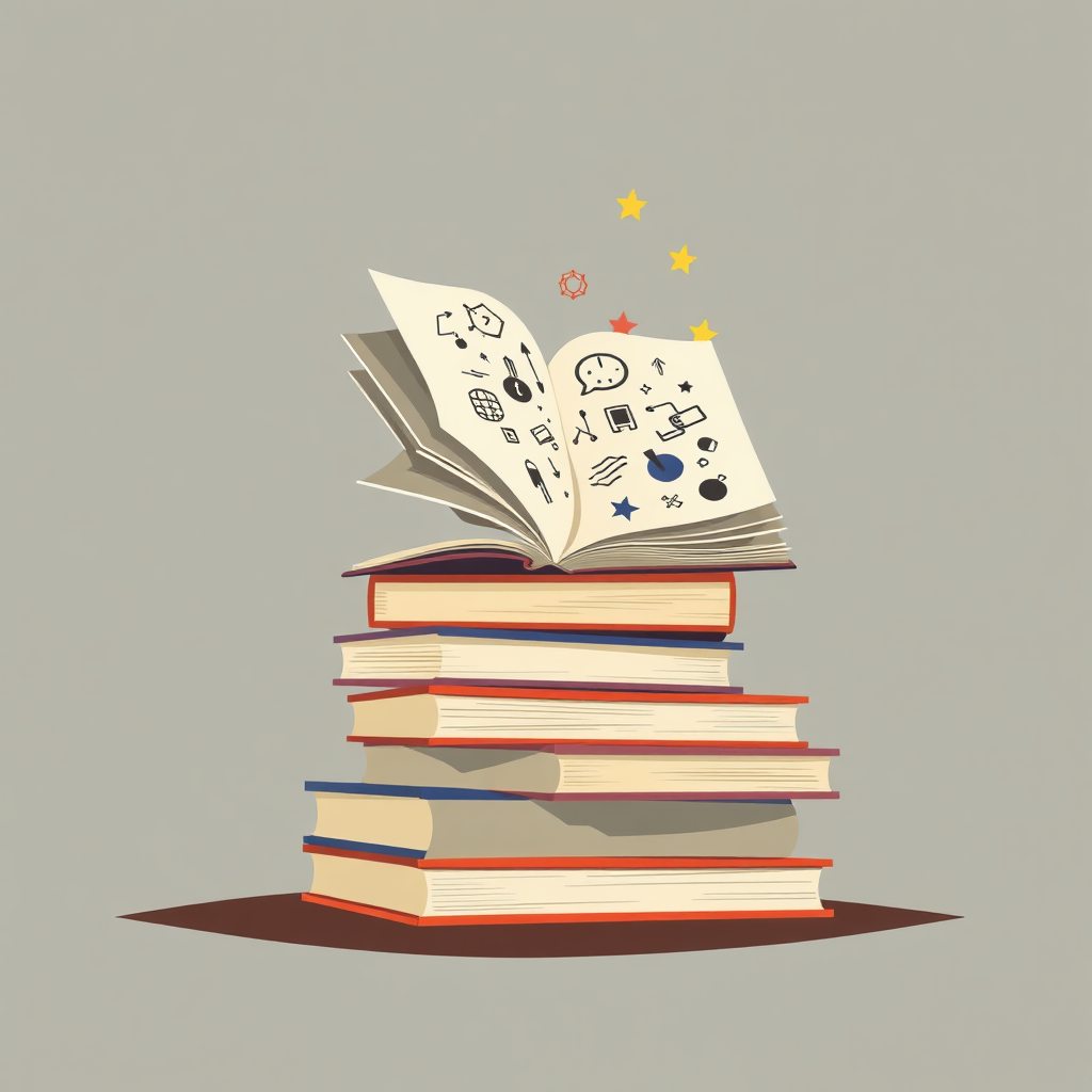 Create a stylized image of several open books stacked on top of each other. The books are filled with abstract symbols and diagrams, representing the knowledge contained within. The color palette should be warm and inviting, with a focus on the texture of the book pages.