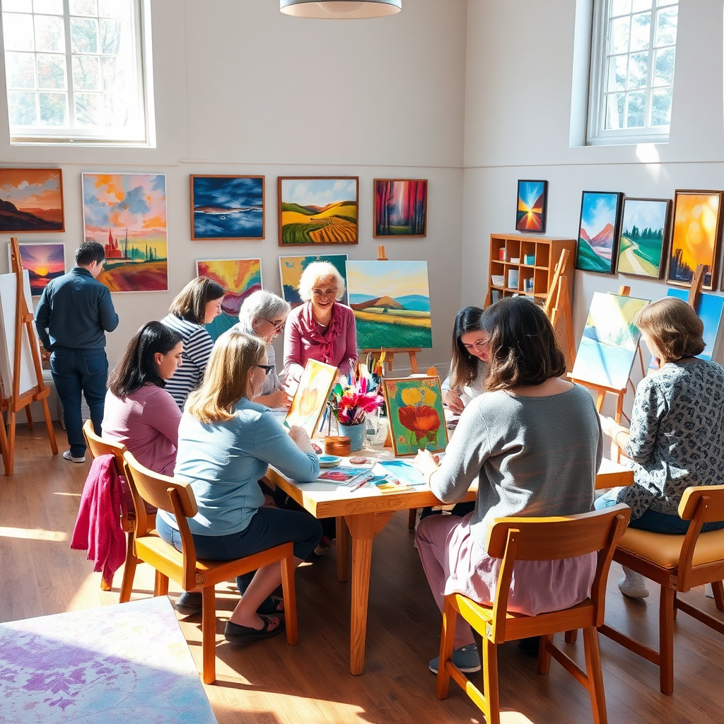 Create a vibrant and engaging image of an art workshop focused on soft chalk pastel techniques. The scene should feature a group of participants gathered around tables, each working on their own pastel paintings. Margaret Lukasik is present, providing guidance and demonstrating techniques. The lighting should be bright and cheerful, with natural light streaming through the windows. The color palette should be rich and varied, with a rainbow of pastel hues on display. The camera angle should be a medium shot, capturing the energy and creativity of the workshop. Add subtle details like easels, art supplies, and finished artworks adorning the walls. 4K resolution image.