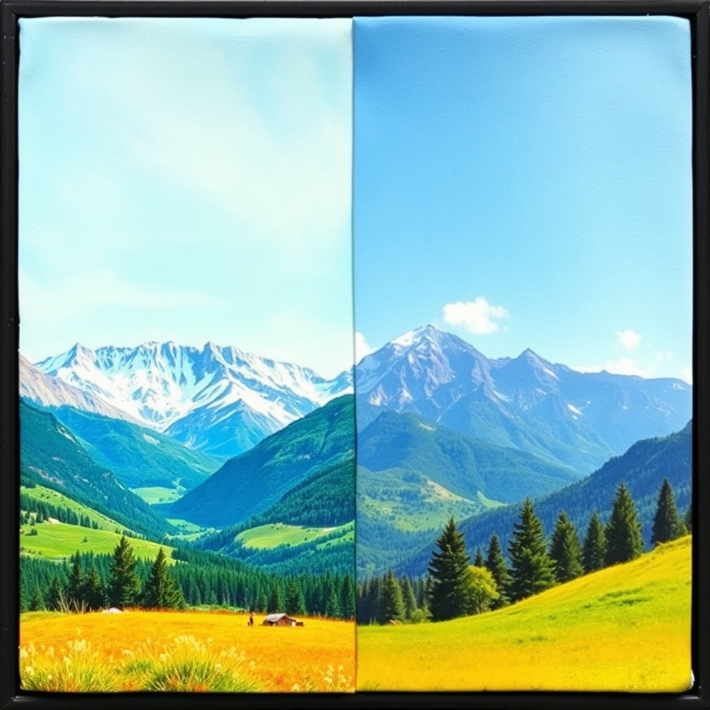 Create an image juxtaposing a soft chalk pastel landscape with the natural scene that inspired it. On one side, show a vibrant pastel painting of a serene mountain vista, complete with snow-capped peaks, lush green valleys, and a clear blue sky. On the other side, present a photorealistic image of the actual mountain range, captured on a sunny day. The lighting should be consistent across both images, highlighting the similarities and differences between the artwork and the real world. The color palette should be rich and inviting, with a focus on natural tones and hues. The composition should emphasize the artist's ability to capture the essence and beauty of nature through the medium of soft chalk pastels. High resolution.