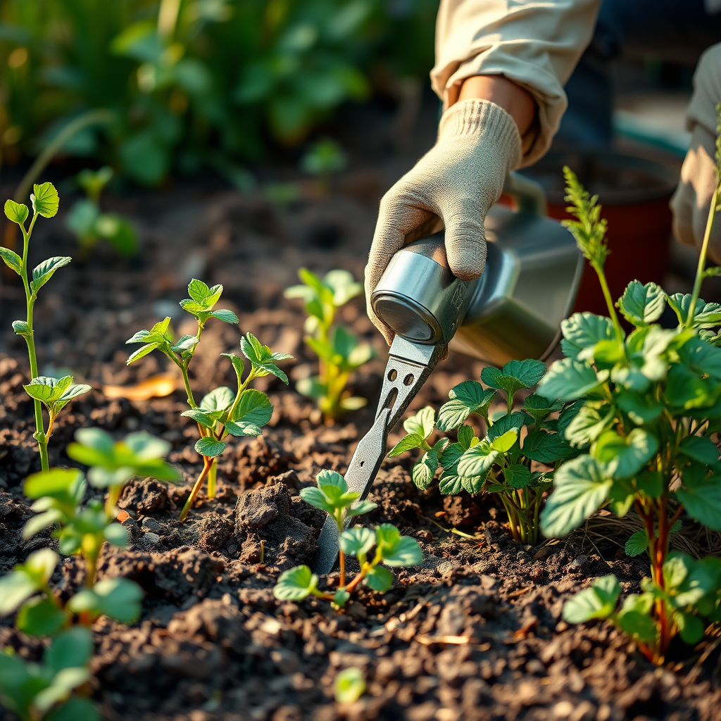 Create an image of a person tending to a garden. They are carefully weeding and watering the plants. The plants are thriving and healthy. The gardener is wearing gloves and using gardening tools. The garden is well-maintained and vibrant, symbolizing spiritual cultivation. 8K Resolution, photorealistic style, warm lighting, focus on detail.