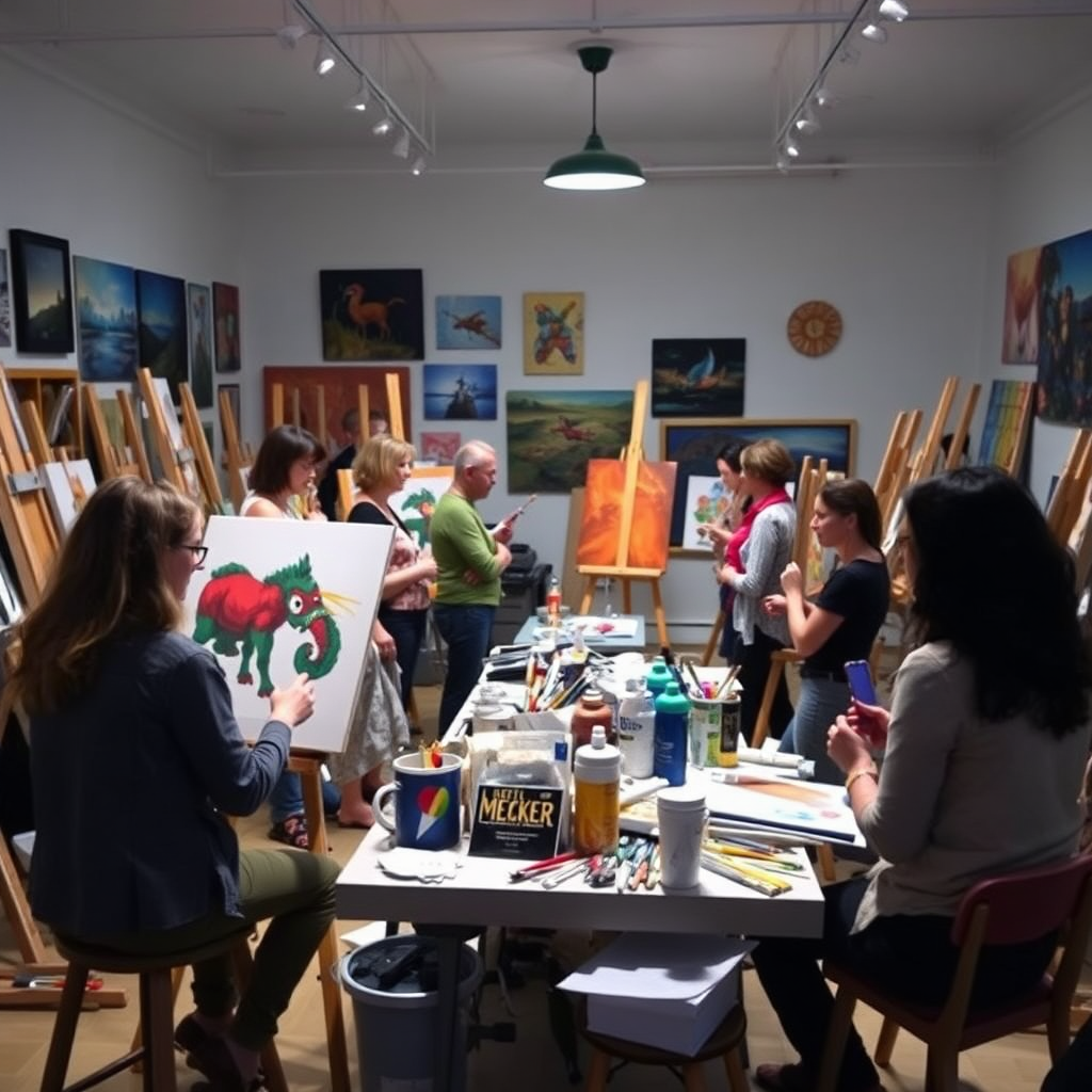 Create an image of a vibrant art workshop session, with participants gathered around easels and engaging in lively discussion. The room should be filled with art supplies and paintings, creating a sense of creativity and collaboration. The lighting should be bright and inspiring.