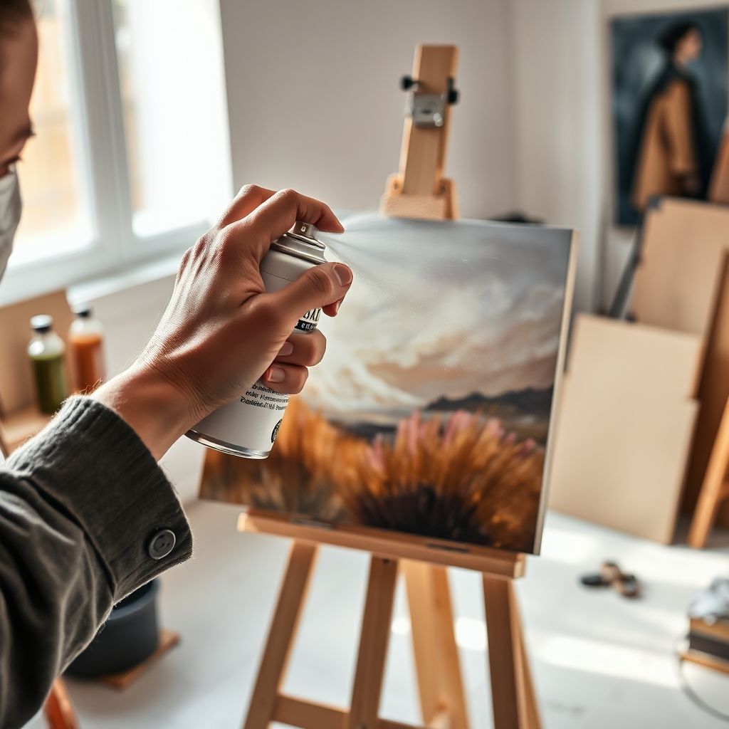 Create an image showcasing the careful application of a fixative spray onto a finished soft chalk pastel painting. The scene should feature a partially completed artwork, resting on an easel in a well-lit studio. The artist's hand is visible, holding a can of fixative spray and gently misting the painting. The lighting should be soft and diffused, with a slight backlight to capture the fine mist of the spray. The composition should emphasize the care and precision involved in the preservation process. Add subtle details like a protective mask worn by the artist and a bottle of archival-quality fixative. The color palette should be muted and earthy, with hints of pastel hues visible in the painting. Focus on the action of spraying, with droplets subtly visible. 4k resolution image.