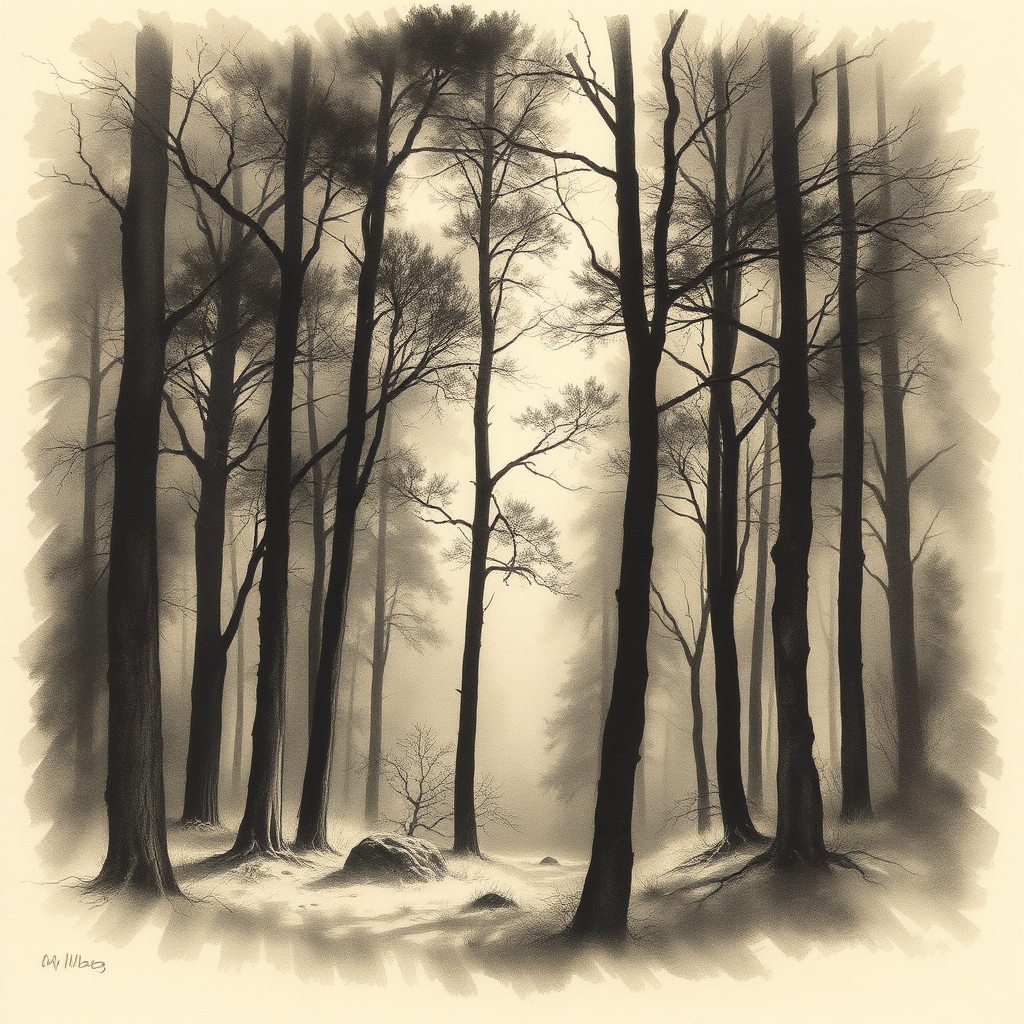 Charcoal drawing of a forest