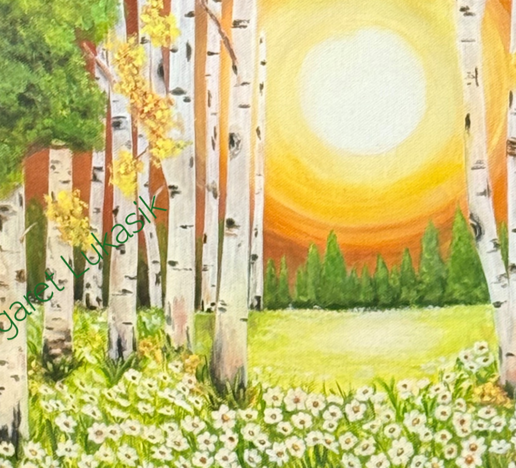 A photorealistic image depicting a close-up of an abstract acrylic painting. The artwork should be rich in warm, vibrant colors like golden yellows, oranges, and deep reds, interspersed with calming blues and greens. The brushstrokes should be visible, conveying a sense of energy and movement, possibly with a subtle, almost imperceptible, pattern of flowing, interconnected shapes that could symbolize the interconnectedness of life and gratitude. The painting should evoke feelings of warmth, joy, and optimism, reflecting the theme of thankfulness.